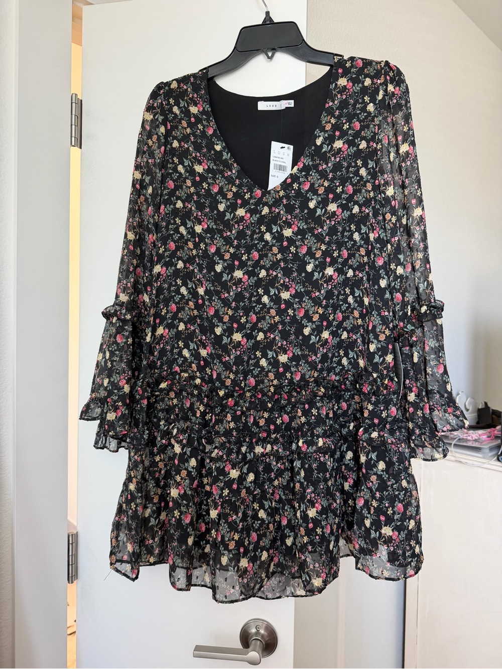 Lush Black Floral Ruffle Tiered Dress with Pink and Cream Blooms